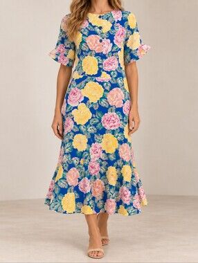 Vintage Orite 80s Cobalt Rose Floral Drop Waist Ruffle Midi Dress Shoulder Pads